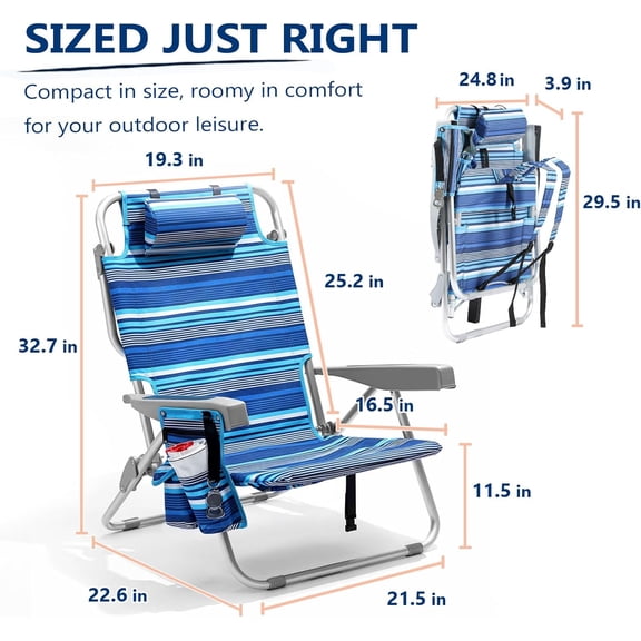 Heavy Duty Folding Beach Chair for Adults with 5 Recline Positions, Portable Backpack Camping Chair with Cup Holder Cooler Pouch Towel Bar, Blue Stripe