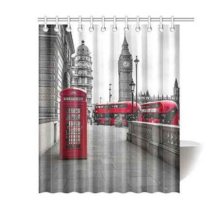 GCKG London City Shower Curtain, Red Bus Big Ben Polyester Fabric