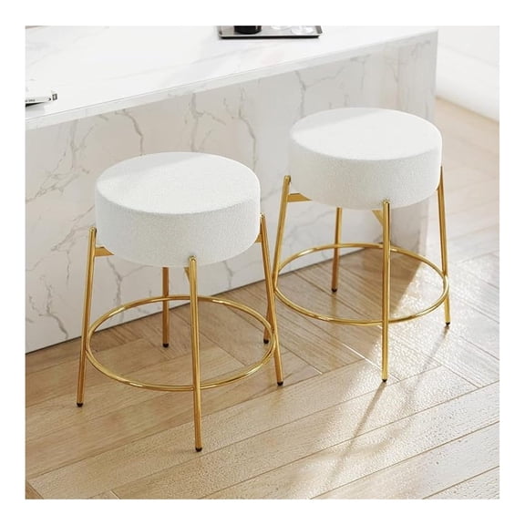 Modern Rotatable Bar Stools Set of 2, 24" Swivel Counter Height Stools with Plated Metal Leg, Round Soft Padded Boucle Backless Seat, White