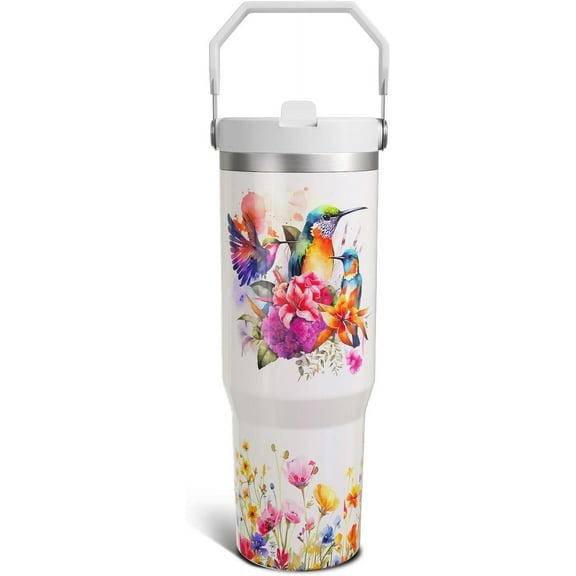 Hummingbird Gifts 30 Oz Tumbler with Top Handle and Flip Straw, Colorful Bird Stainless Steel Insulated Water Bottle Cup, Pets Lover Birthday Gifts for Women Men