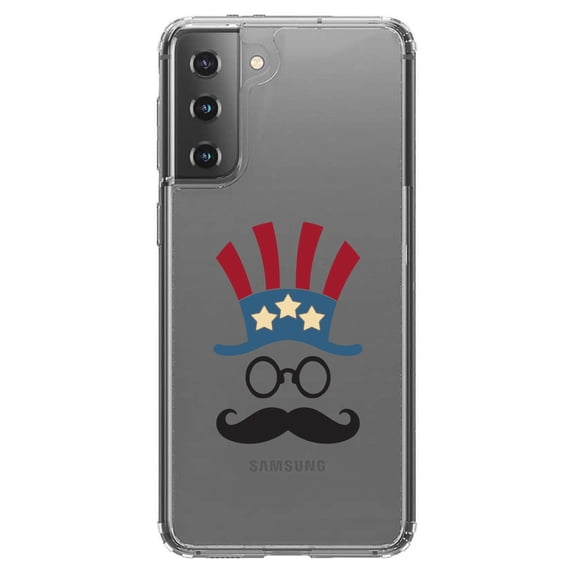 DistinctInk Clear Shockproof Hybrid Case for Galaxy S21 5G (6.2" Screen) - TPU Bumper Acrylic Back Tempered Glass Screen Protector - Uncle Sam Cartoon USA Patriotic
