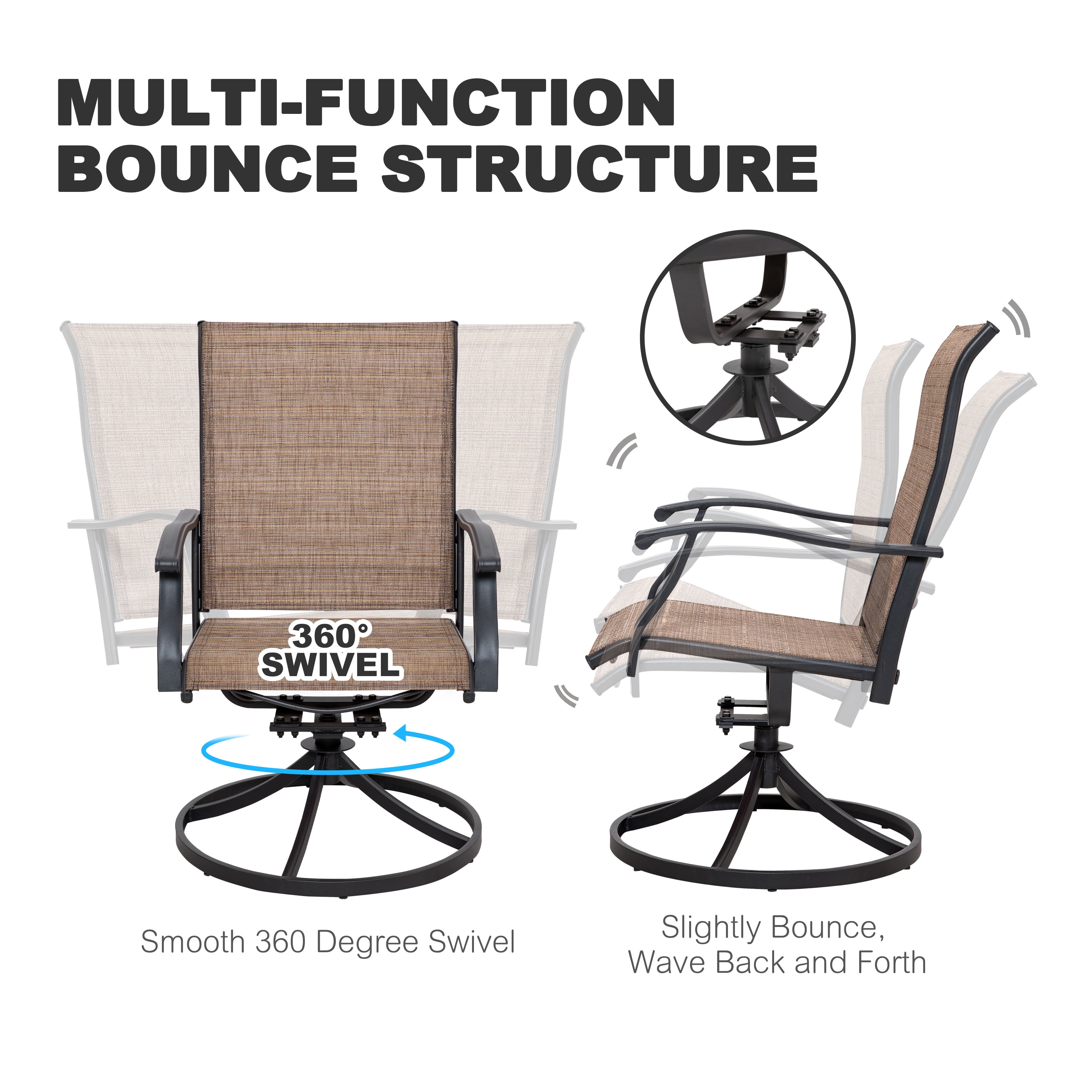 Nuu Garden 5-Piece Outdoor Dining Table Set, 4 Textilene Swivel Chairs & 37" Square Table with Umbrella Hole and Faux Wood Tabletop, All-Weather Patio Outdoor Furniture, Black and Brown