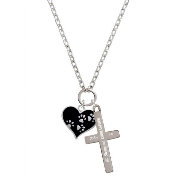 Delight Jewelry Black Enamel Heart with Paw Prints Be Strong and Courageous Engraved Cross Zoey Necklace, 28"