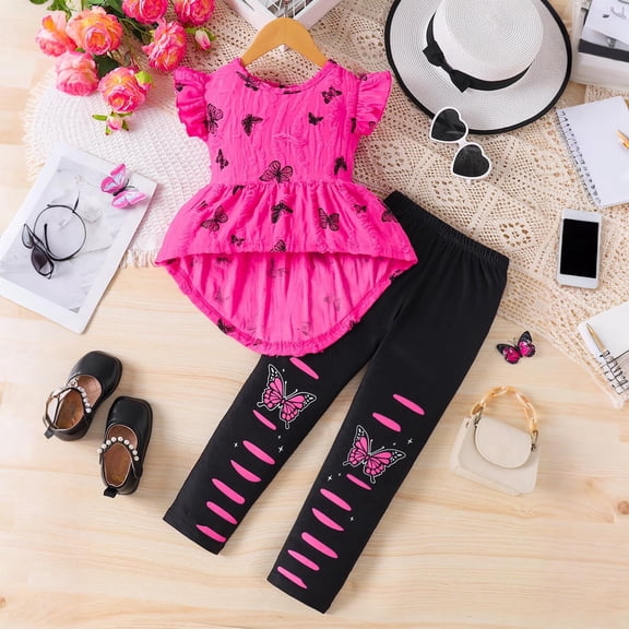 Wavsuf Girls Outfits 2-Piece, Ruffles Graphic Tunic Tops Stretch Pants Fashion Casual Sets Hot Pink 5T