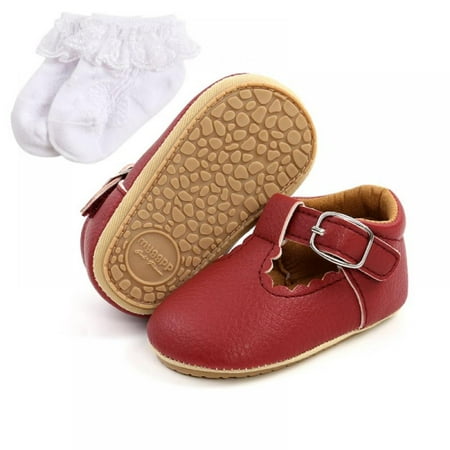

Baby Girls Mary Jane Shoes Soft Sole Non Slip Newborn Infant Toddler First Walker Crib Dress Shoes + Socks 0-18Months