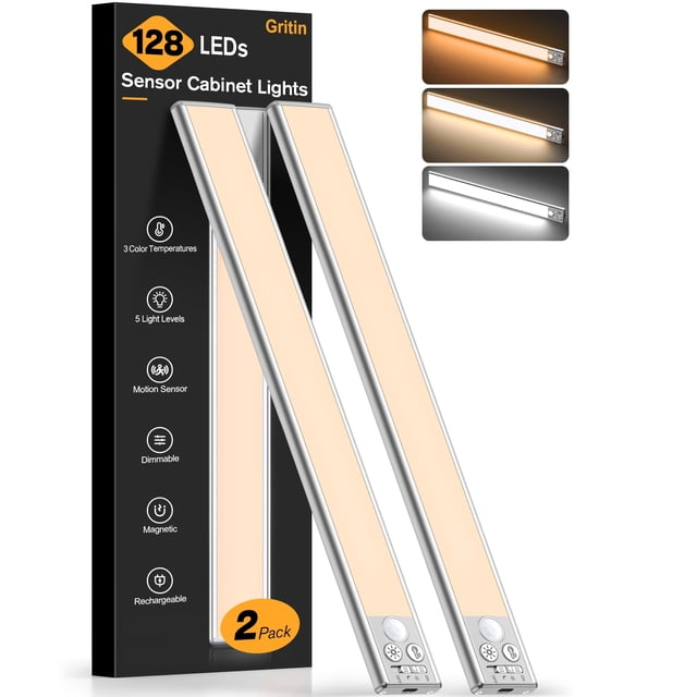Gritin 14.7inch Under Cabinet Lighting Rechargeable 2 Pack-3 Color Temps&5 Level Brightness,Super Bright,4 Modes,Motion Sensor,Long Lasting