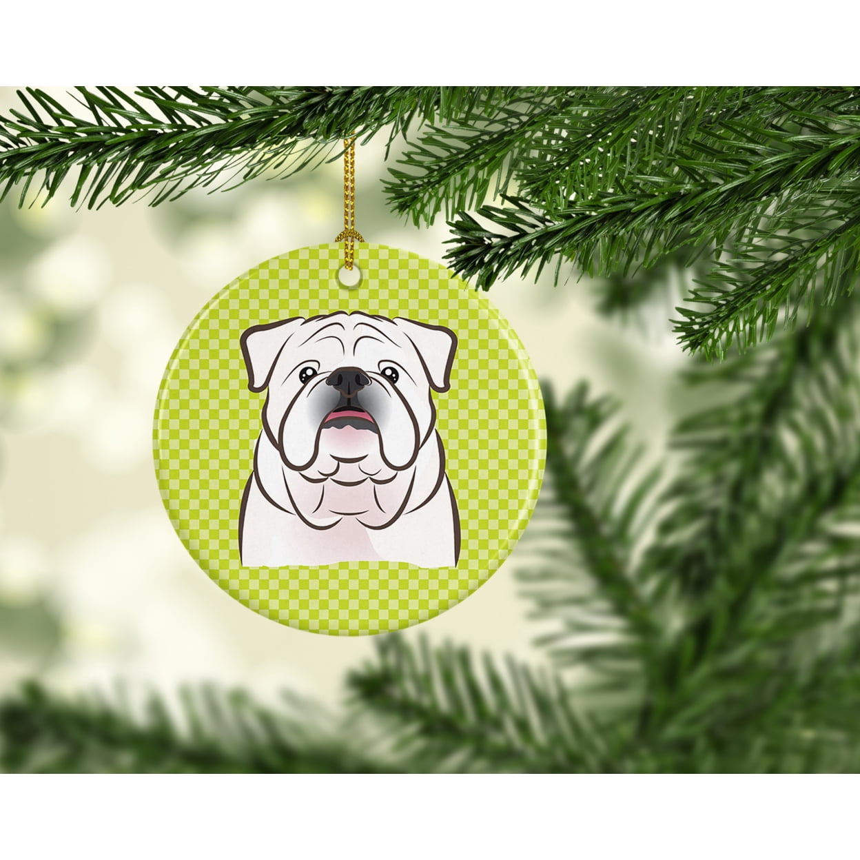 Checkerboard Lime Green White English Bulldog Ceramic Ornament