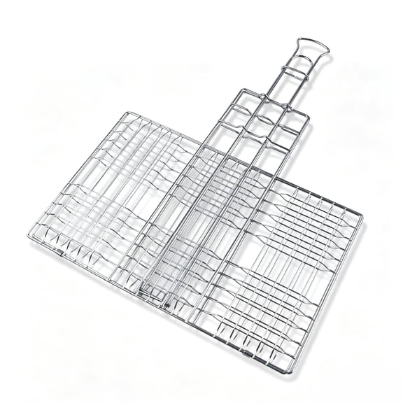 Silver Chrome-Plated Iron BBQ Grill Basket with Extendable Handle, 13.4" x 18.5", for Outdoor Camping & Backyard Barbecue