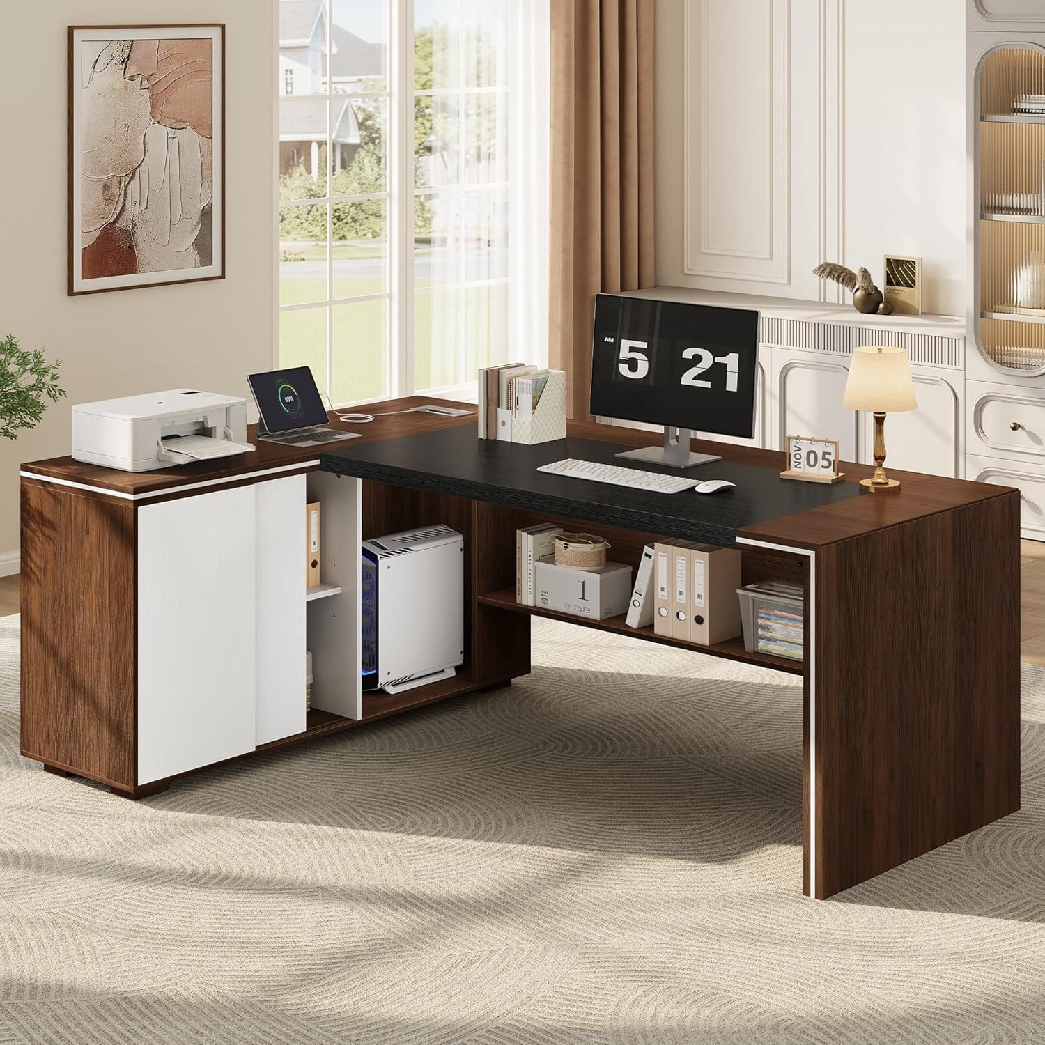 Vividwood L-Shaped Executive Desk with Cabinet Storage, 71" Office Computer Desk with Storage Shelves, CPU Stand, Cable Management (Brown)