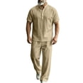 thumbnail image 2 of LEKWK Men Linen Sets Outfits 2 Piece Short Sleeve Henley Loose Fit Tops and Elastic Waist Wide Leg Pants Lightweight Solid Summer Beach Vacation Casual Wear, 2 of 6