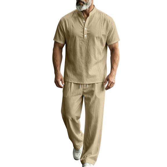 JUUYY Men's 2 Piece Cotton Linen Sets Casual Short Sleeve Button Up Shirts and Straight Leg Pants Set Loose Beach Vacation Outfits Khaki S