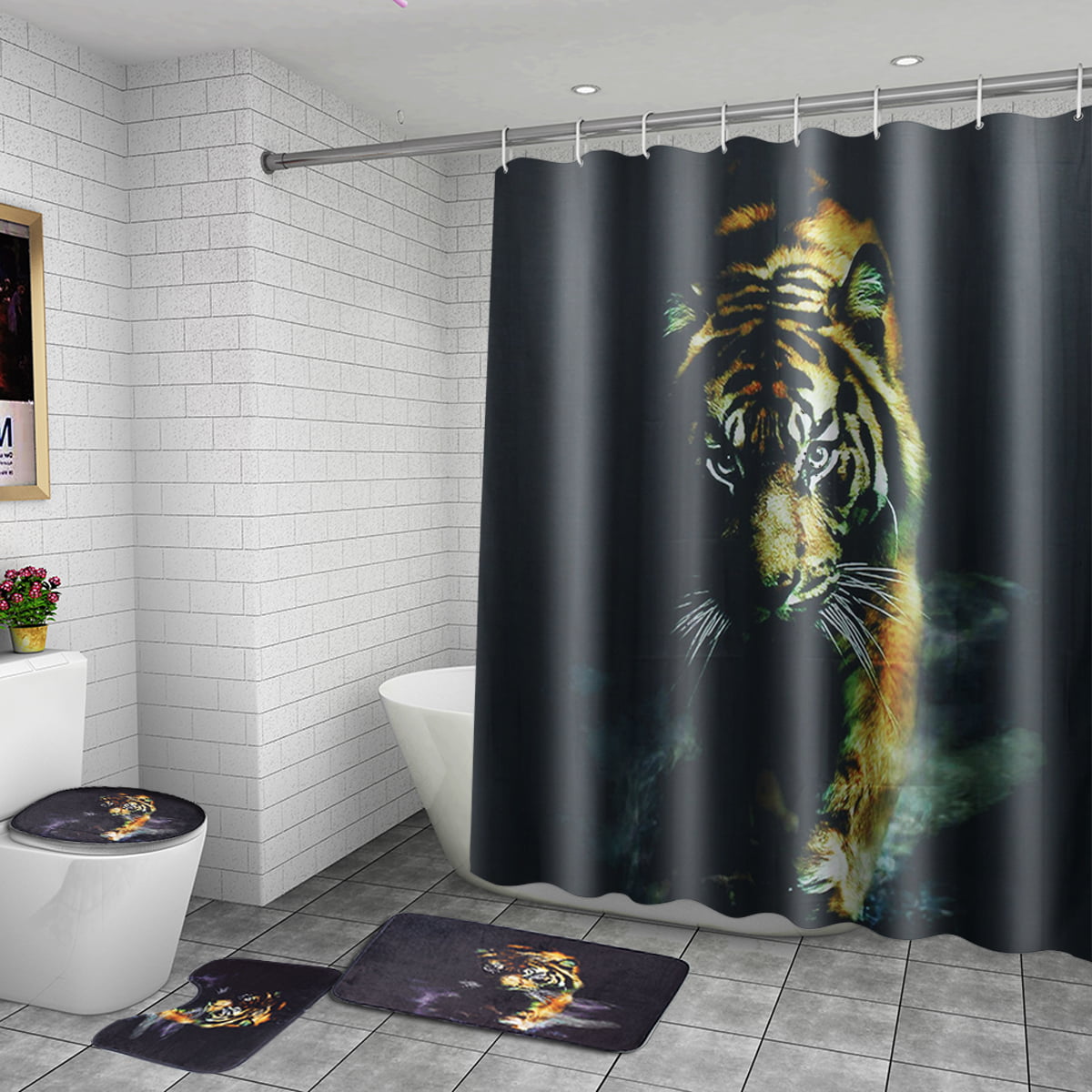 Tiger Printing Bathroom Shower Curtain Toilet Pedestal Cover Mat Non-Slip Rug 