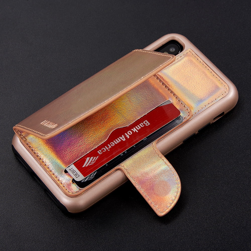 Holographic Perfect Fit Case for Apple iPhone X / iPhone 10 Premium Vegan Leather Wallet Case with Card Slots and Magnetic Cover