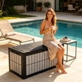 thumbnail image 5 of Uforic 134 Gallon Resin Deck Box, Waterproof Lockable Outdoor Storage Chest, Multifunctional Patio Storage Bench for Cushions, Garden Tools and Pool Supplies, Black & Wood-Grain Gray, 5 of 5