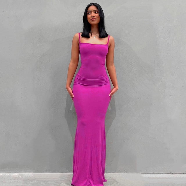 2023 Summer Women Sexy Spaghetti Strap Black Skims Long Dress Y2k Sleeveless Solid Skinny Bodycon Trumpet Maxi Dresses VestidosM Gao Jinjia LED
