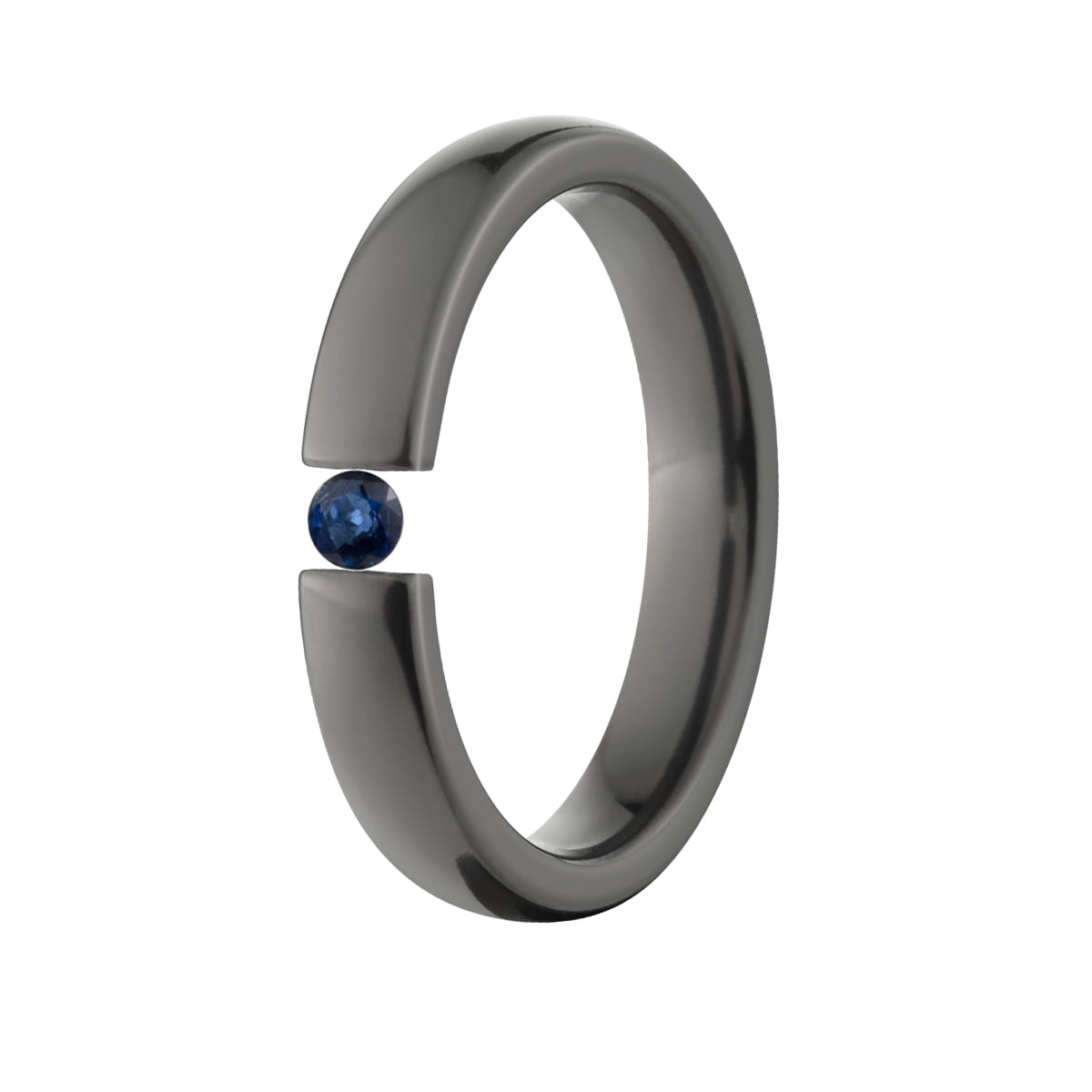 Blue Saphire 4mm Black Zirconium Tension Set Ring