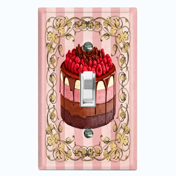 Metal Light Switch Plate Cover Elegant Strawberry Cake Striped Wallpaper Pink CAK055