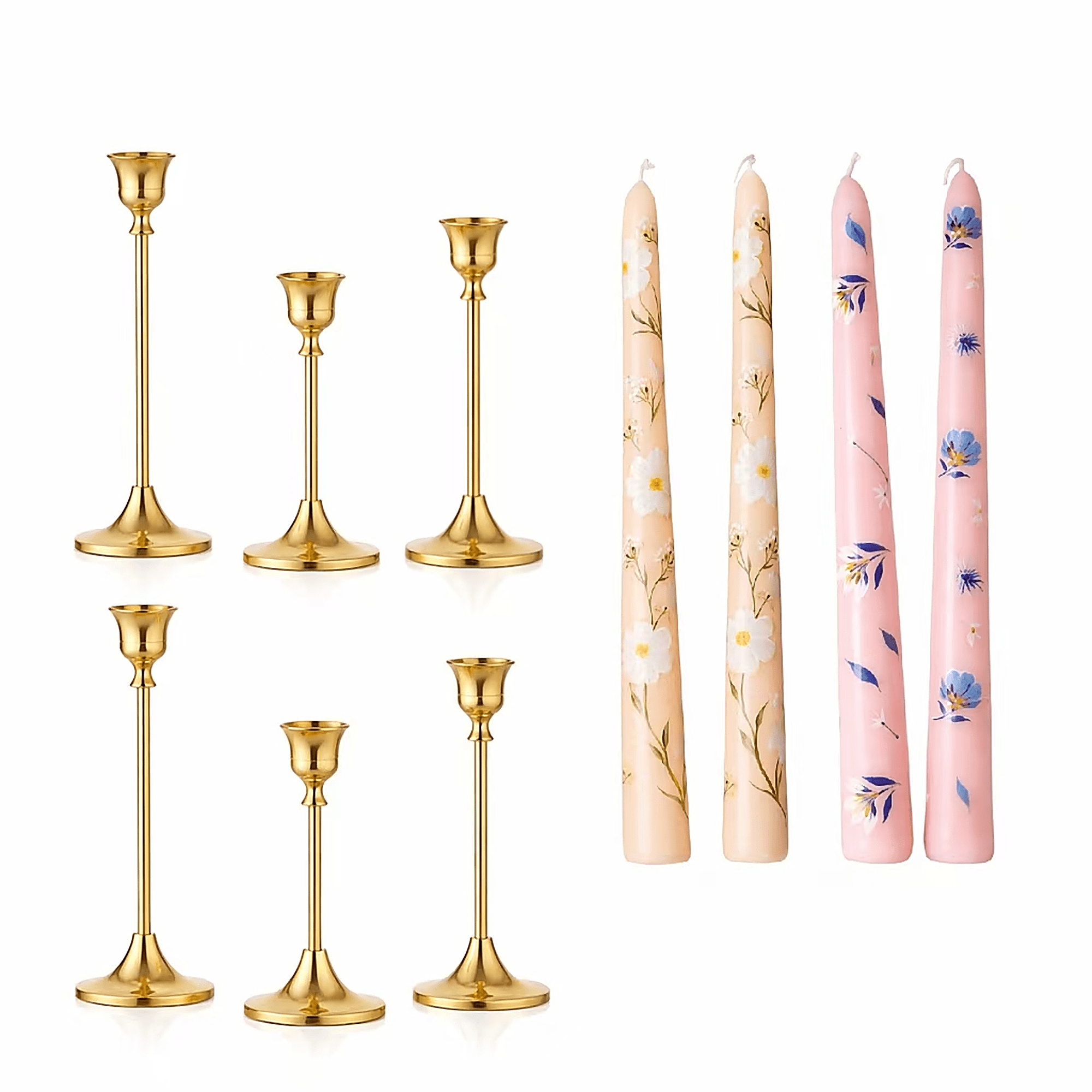 Powmok Luxury Gold Candle Holder Set with Printed Taper Candles Decorative Metal Candlesticks for Romantic Dinner Tea Party and Mantel Decor