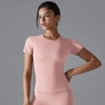 thumbnail image 4 of Camiseta deportiva para correr para mujer, de verano, de manga corta, cuello redondo, transpirable, elástica, para gimnasio, yoga, ajustada, para fitness, camiseta activa, 4 of 5