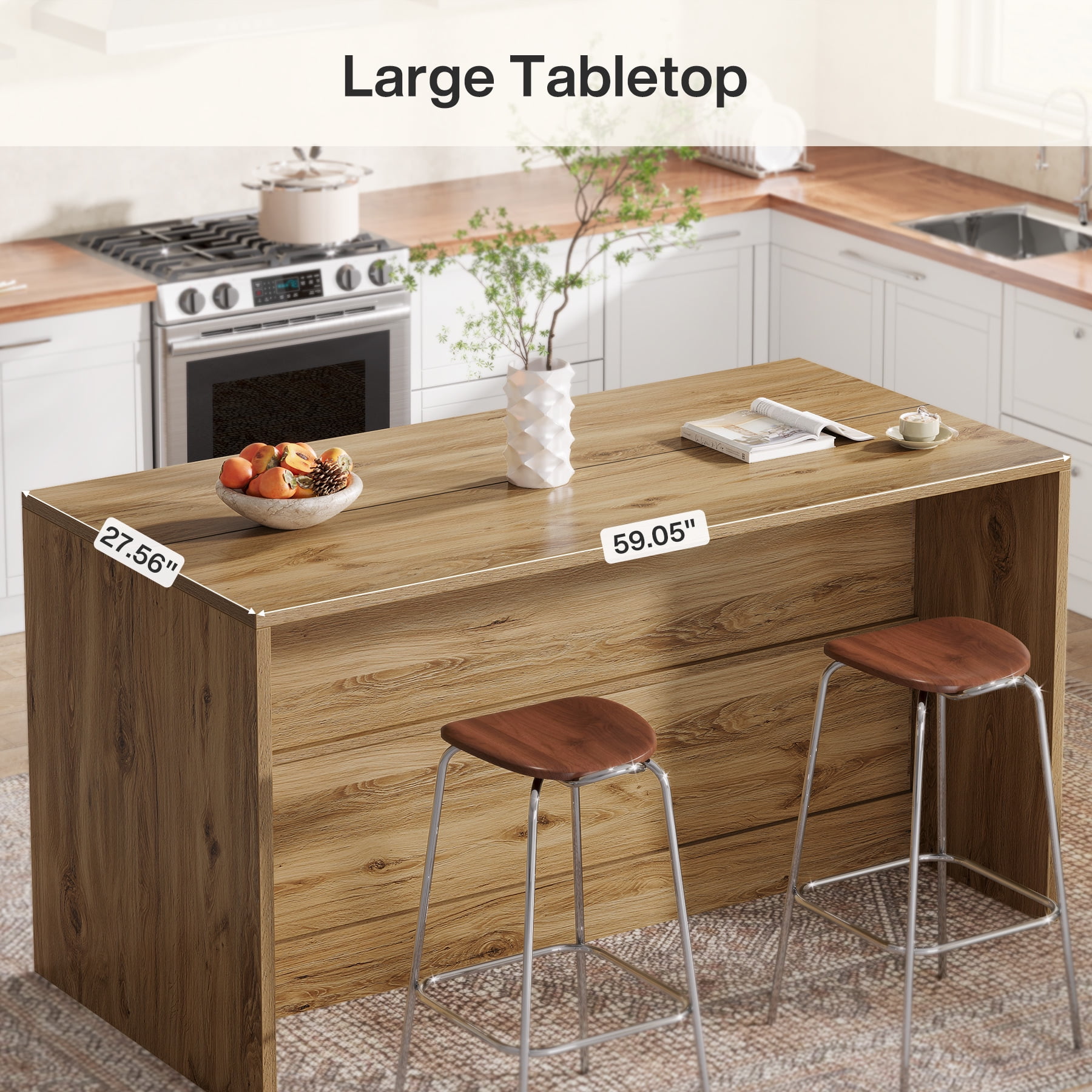 Finmind 59-inch Kitchen Island with Storage, 3-Tier Farmhouse Stationary Island Table with Spaciouse Tabletop and Seating Area for Dining Room, Kitchen, Light Wood
