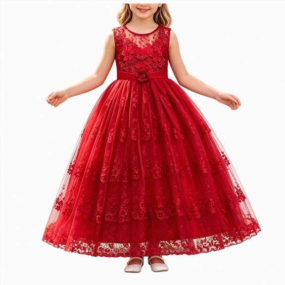 JUMEYU Girls Lace Embroidery Long Dress Sleeveless Flower Party Performance Evening Gown Dresses 4T 5T (Red,4-5 Years)
