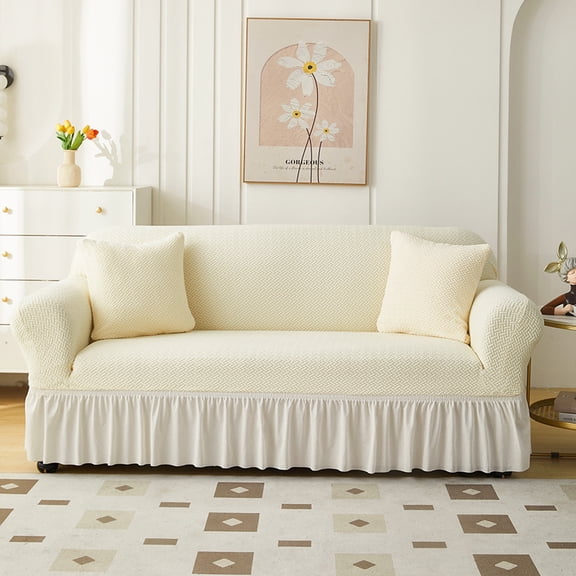 suxuMhao Skirt Style Sofa Cover for Couch, Stretch Sofa Covers Washable, Non Slip Scratch Resistant 3 Seater Couch Cover, Sofa Size Slipcovers Fit 74.8-90.55 Inches, Off White,1 Piece, Style 1