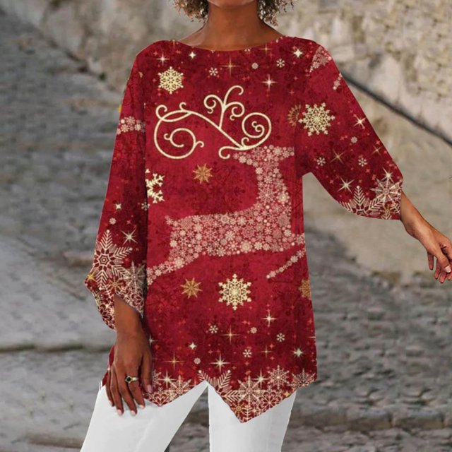 Qertyioot Chandail en Molleton de Noël pour Femmes Mode Décontractée Manches Longues Col en V Chandail