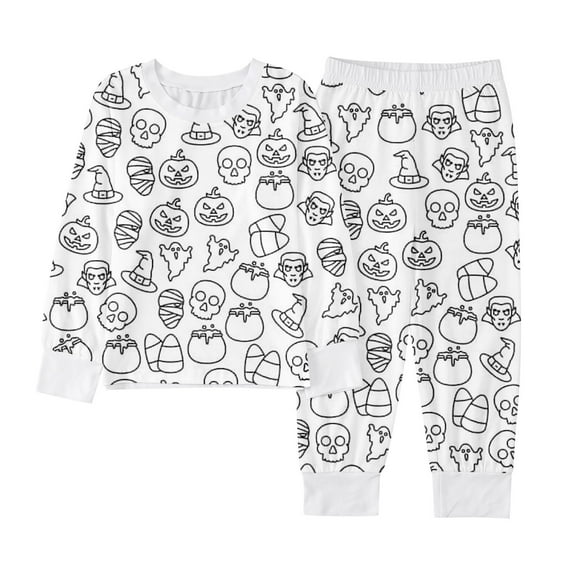 Kids Halloween Pajamas Size 4-5 Years Childrens Loungewear Print Long Sleeve Top and Pants Cozy Set Girls Pjs White