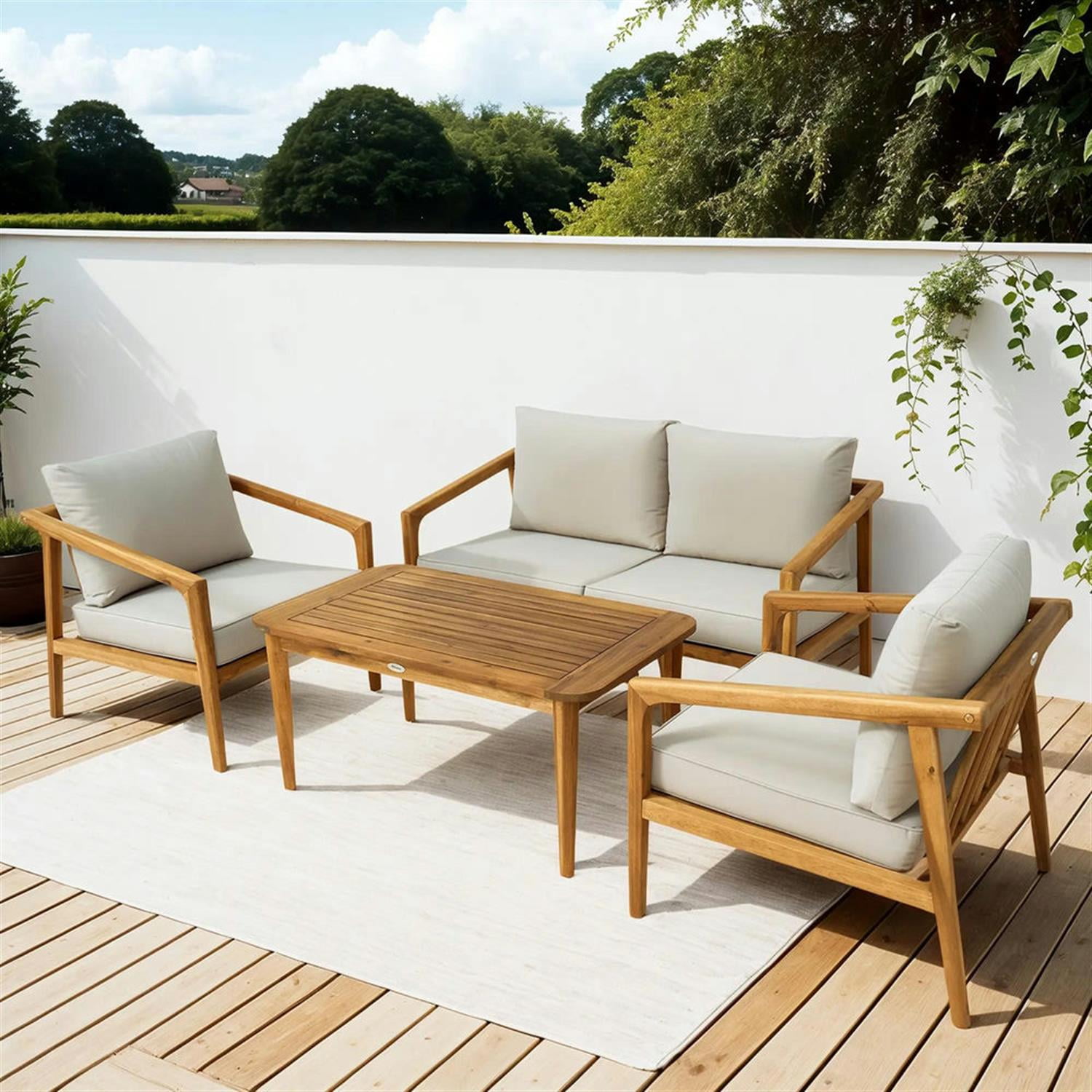 Demi Bonn 48" Acacia Wood Outdoor Sofa Set, Durable Teak Conversation Set with Thick Cushions for Garden & Patio, Brown