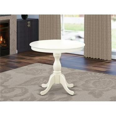 Antique Round Modern Dining Table with Linen White Table Top Surface & Asian Wood Round Pedestal Legs