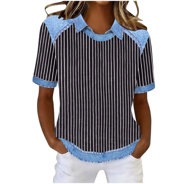 Tops de Manga Corta para las Mujeres Camiseta Suelta de Primavera Y Verano con Solapa Casual