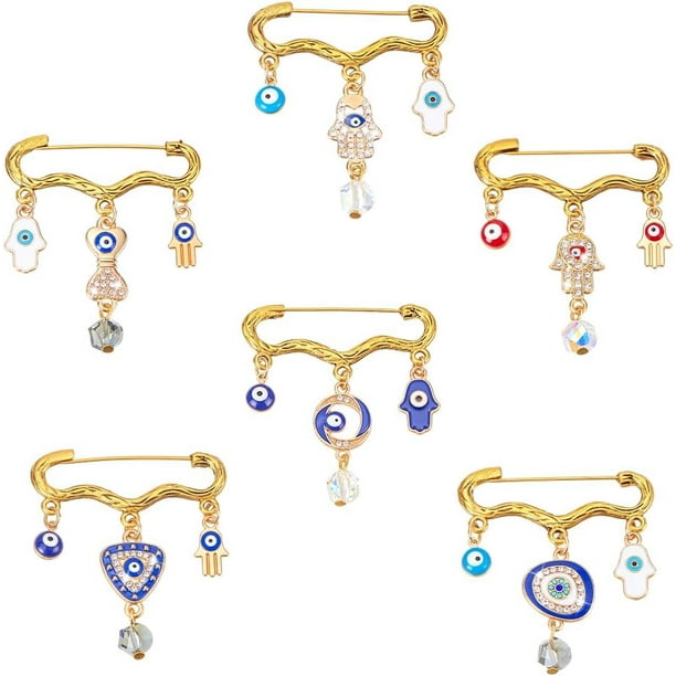 Broches de 6 estilos: Broche de ojo azul con diamantes de imitación, broche de ojo azul de la suerte, broches con forma de manos, dijes esmaltados para ropa, bolsos y bufandas de mujer.