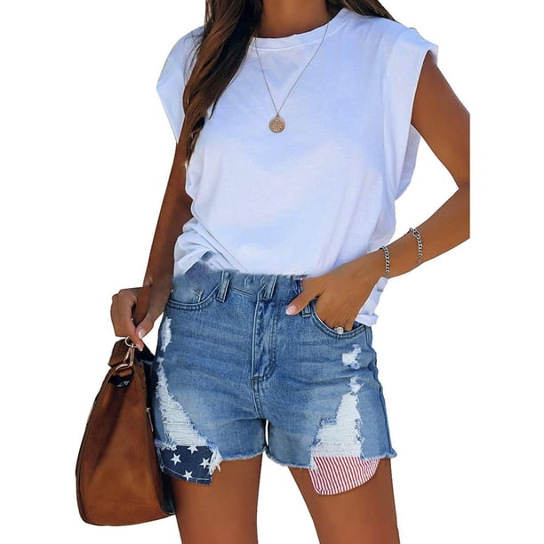 Txlixc Jeans cortos para mujeres, patrones estelares de rayas de agujeros rotos Txlixc moda