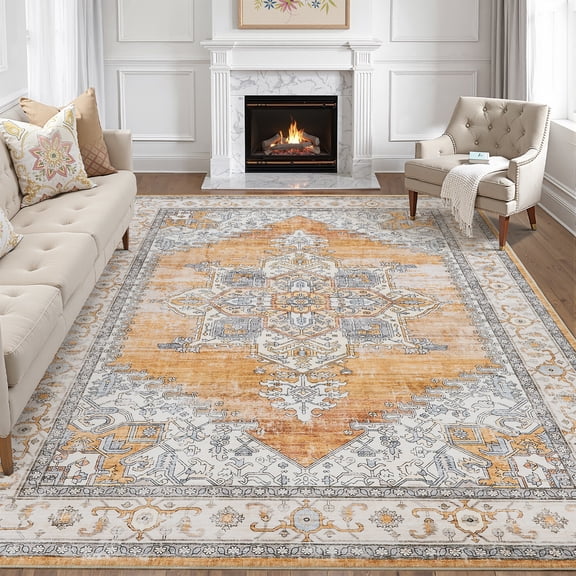Toyoso 9x12 Extra Large Area Rug, Machine Washable Polyester Vintage Floral Medallion Rug, Non-Slip Distressed Oriental Carpet, Burnt Orange