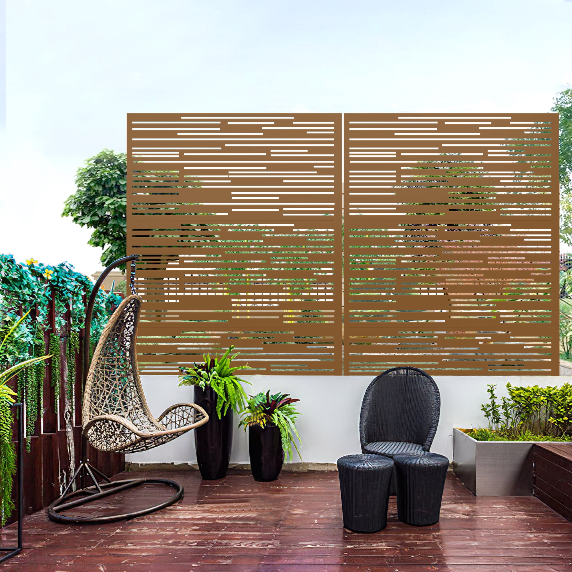 MAYEERTY 72×47" Outdoor Brown Metal Privacy Panel Screen for Backyard & Garden, Shadow Play Pattern