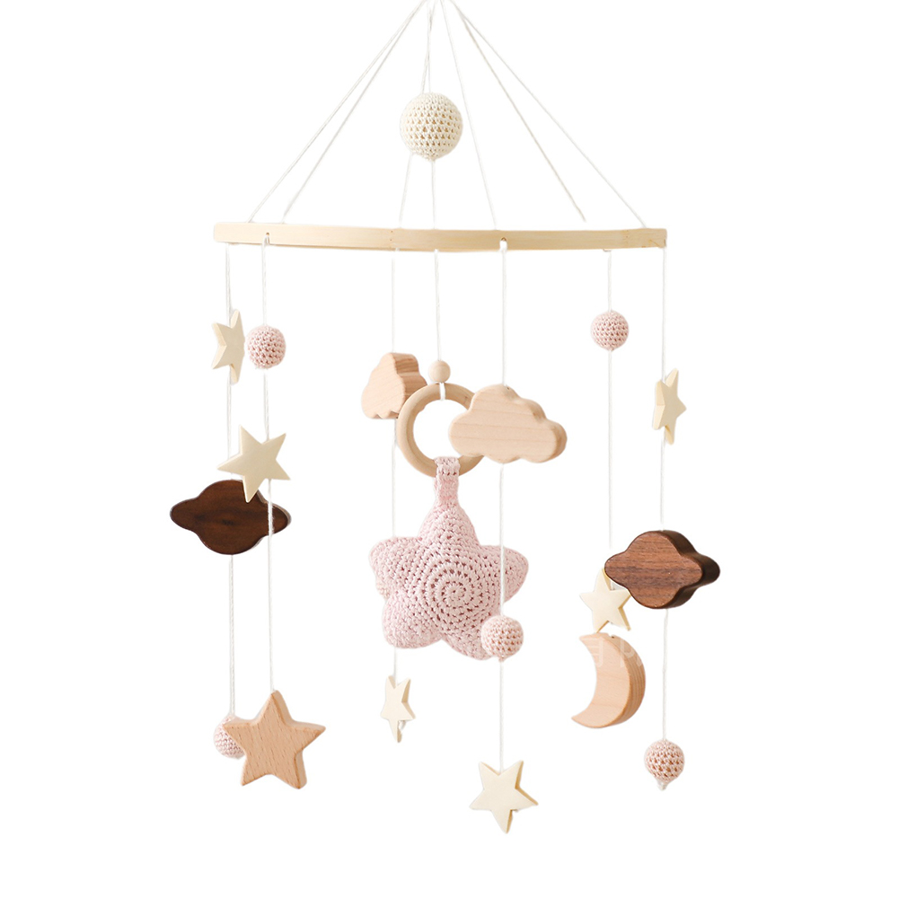 Full Sky Star Crib Bell with Felt Balls – Handmade Wooden Bed Bell for Infant Sleep, Motor Skill Development, and Nursery Decor