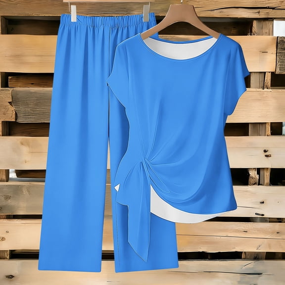 Cagogo Women 2 Piece Shorts Set Casual Summer Cruise Outfits Loose Short Sleeve Crew Neck Tops Comfy Pants Matching Lounge Sets Tracksuits Loungewear Travel Airport Outfit Clothes, Blue 2XL