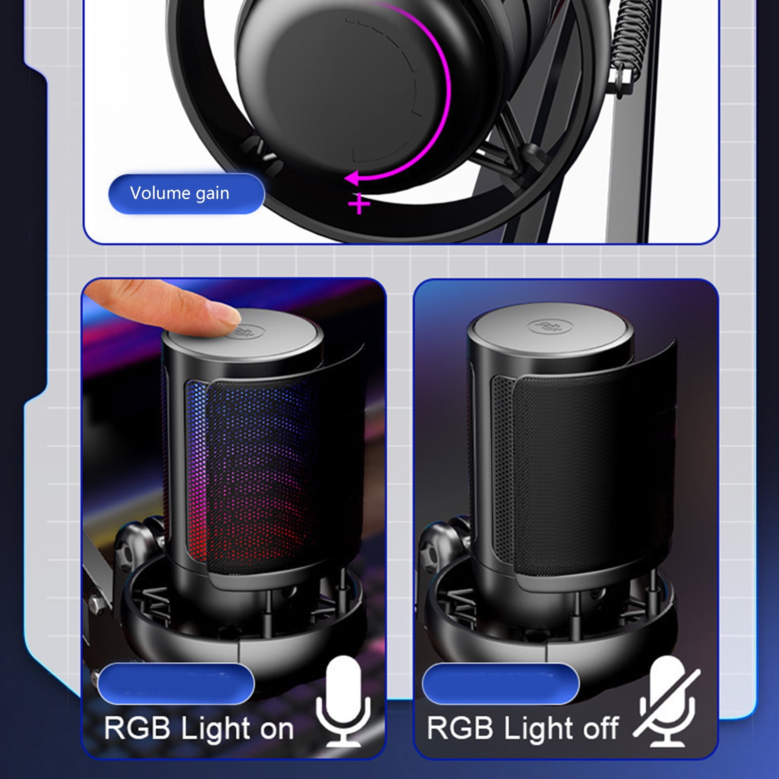 Professional Gaming Microphone Desktop USB Clip Mount Mic with Detachable Metal Shock Mount & LED Light Effects