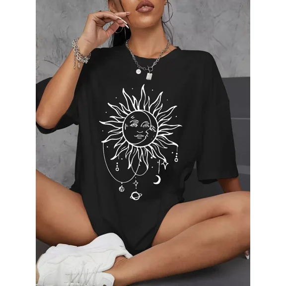 Sun & Moon Print Drop Shoulder Oversized Tee