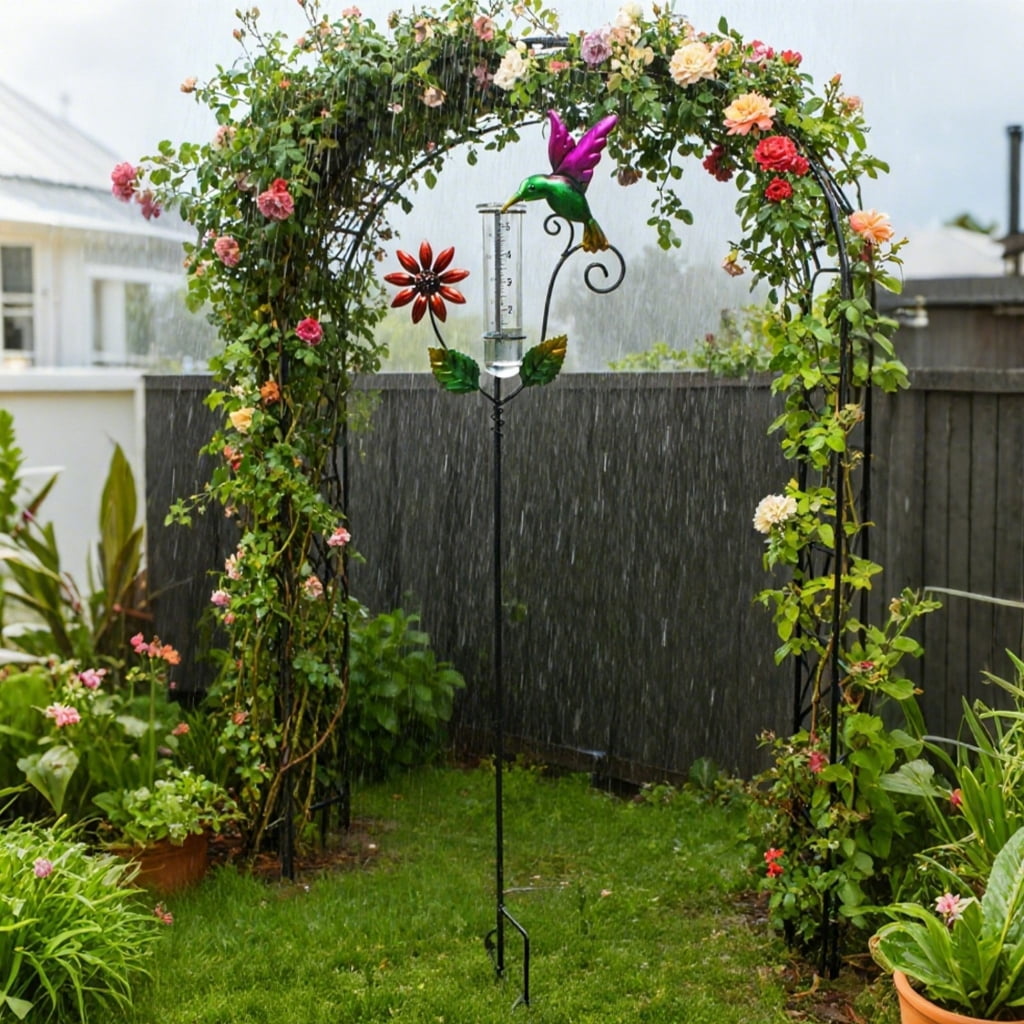 Attractive Hand Blown Glass Rain Gauges with Intricate Ironwork for Outdoor Display