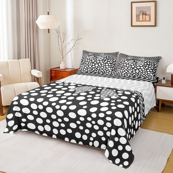 jejeloiu Dots Print Bowknot Twin Sheet Sets,White Black Bedding For Girls 3 Pieces