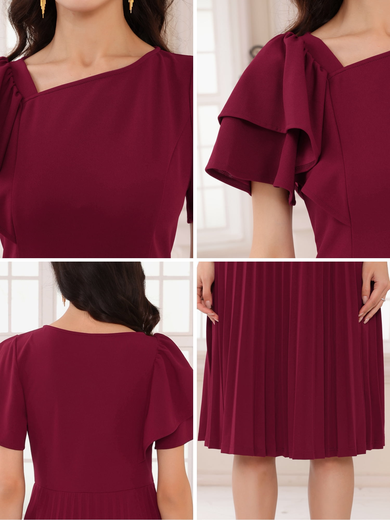 DARING DIVA Ruffled Sleeve Midi A-Line Pleated Work Dress L Dark Red
