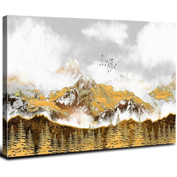 Abstract Golden Mountain Wall Art Snow Forest Landscape Pictures Wall Decor for Living Room Bedroom Nature Scenery Islamic Canvas Prints Misty Tree Birds Painting Modern Artwork Home Decoration 12x16