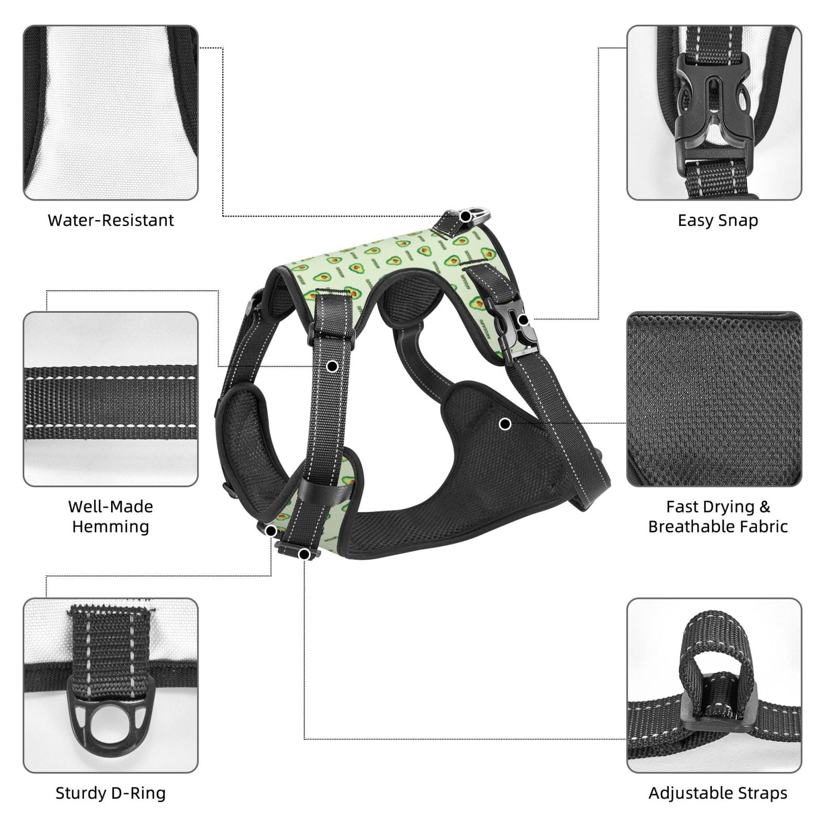Kdxio Green Avocado Print No Pull Dog Harness Adjustable Reflective Oxford Easy Control Medium Large Dog Harness for Training and Everyday-Small
