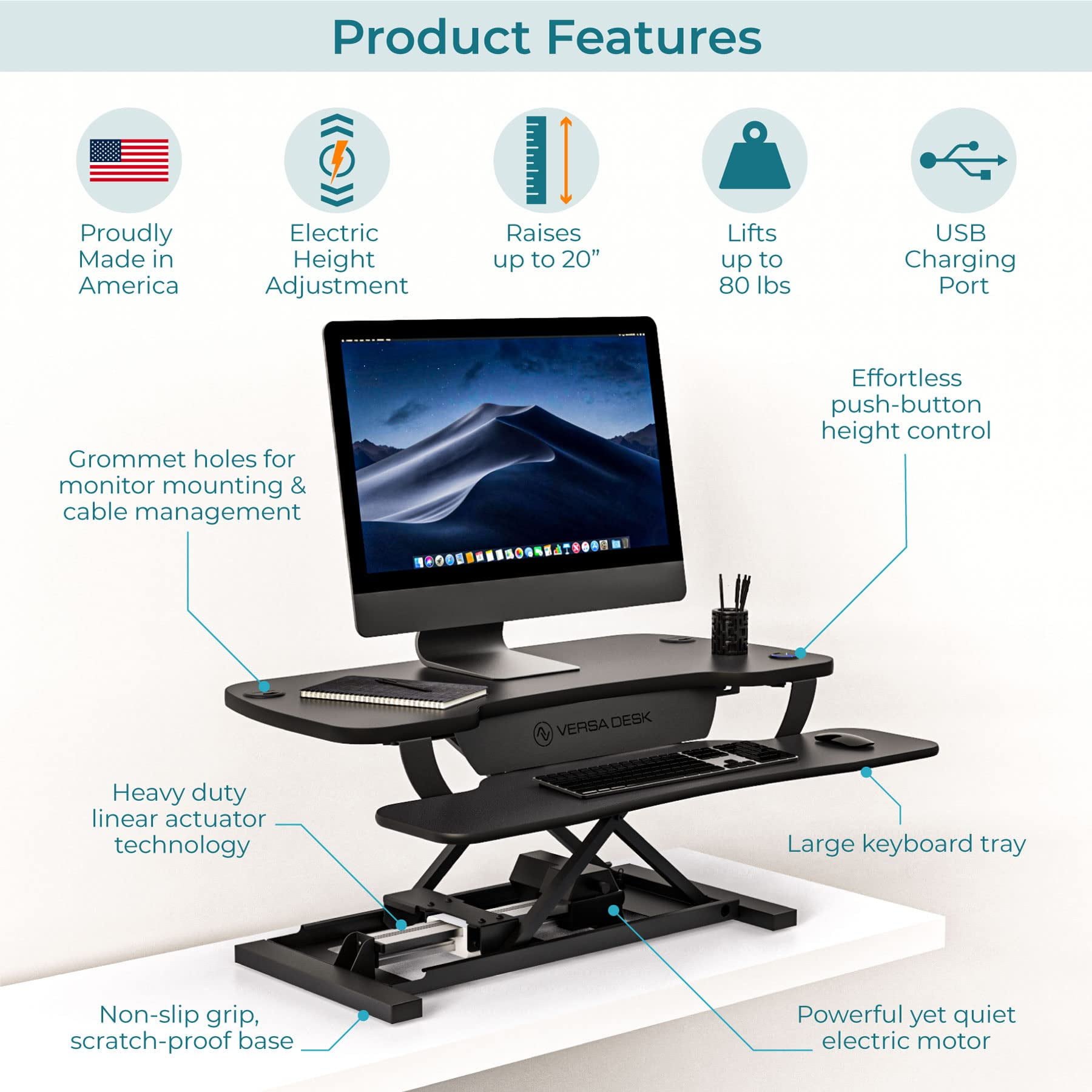 VersaDesk Power Pro Electric Standing Desk Converter - Mdf & Metal, Height Adjustable Sit-Stand Riser with Keyboard Tray, Push Button | Black, 36"x24"
