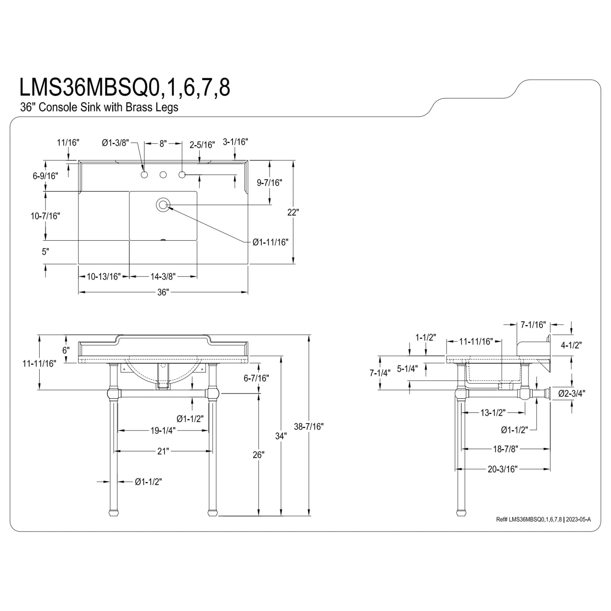 Kingston Brass LMS36MBSQ6 Pemberton 36" Carrara Marble Console Sink with Brass Legs (8-Inch, 3-Hole), Carrara Marble White/Polished Nickel
