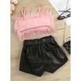 thumbnail image 4 of Arvbitana Toddler Baby Girls Short Pants Outfits Sleeveless Plush Trim Solid Sling Tops + Elastic Waist Leather Shorts with Belt Summer Clothes Set 2Pcs 12M-6T, 4 of 9