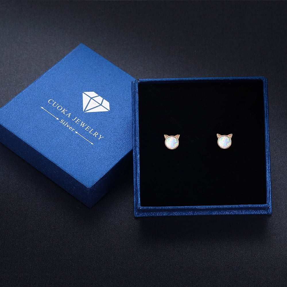 Cuoka Cat Earrings 925 Sterling Silver Opal Stud Earrings Valentines Day Gifts for Wife Women Mom 18K Rose Gold Plated Hypoallergenic Birthday Jewelry for Sensitive Ears