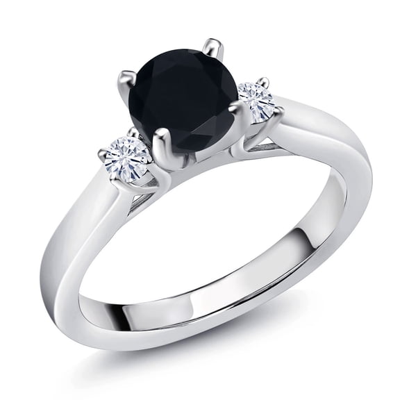 Gem Stone King 925 Sterling Silver Black Onyx and White Moissanite 3-Stone Engagement Ring for Women (0.93 Cttw, Round 6MM, Gemstone December Birthstone, Size 5)