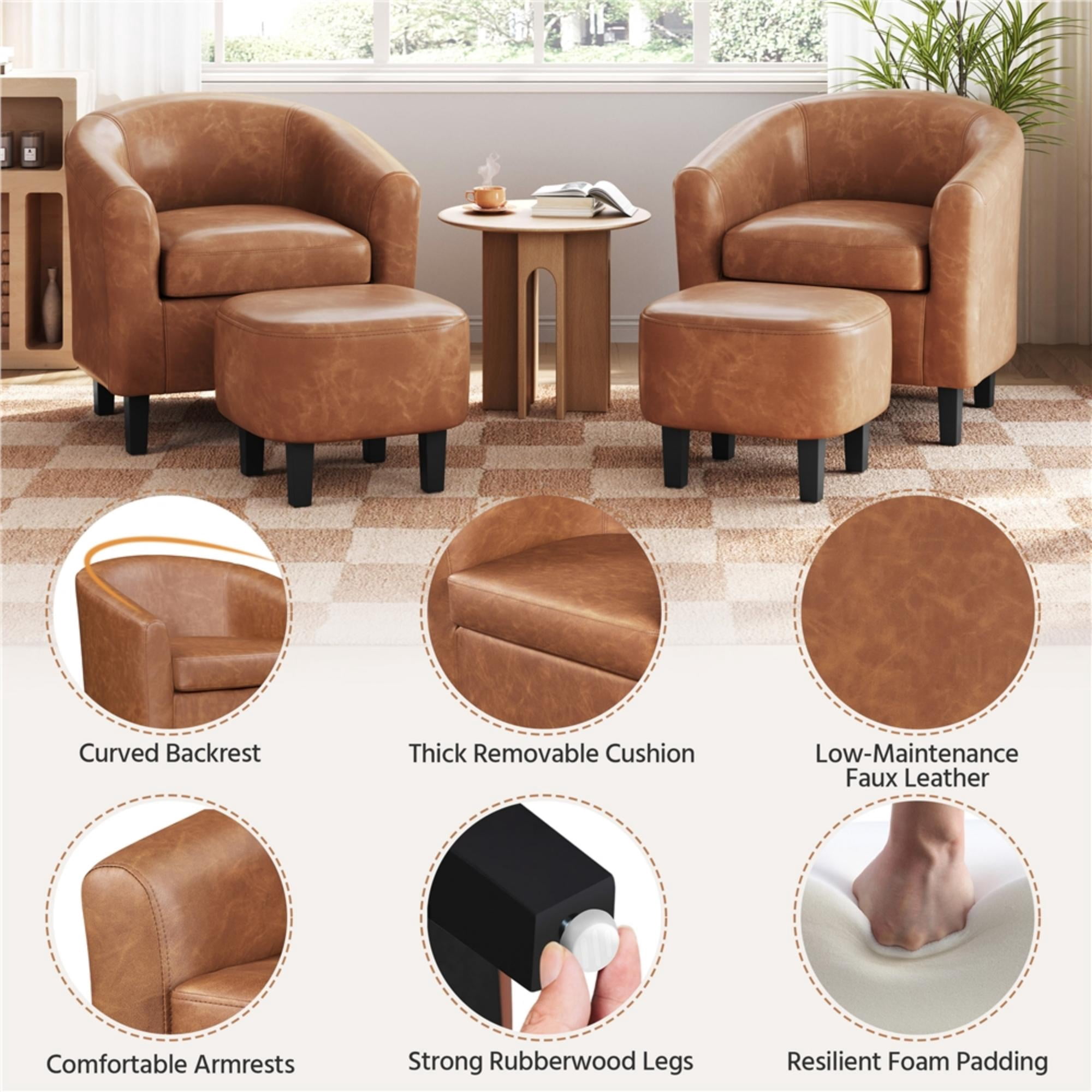 Renwick Barrel Accent Chair with Ottoman, Brown Faux Leather